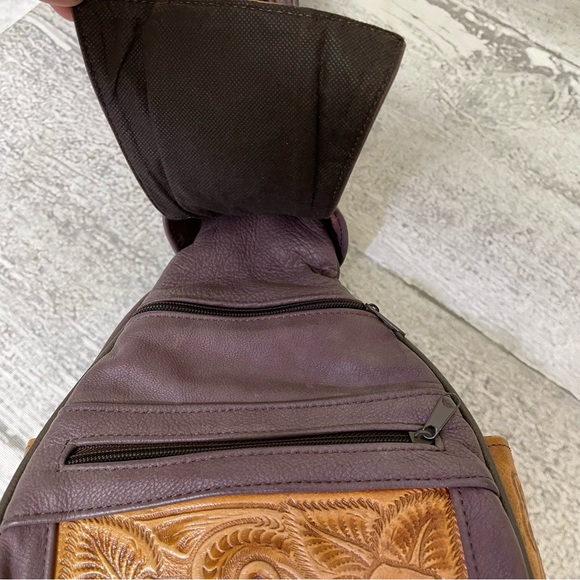 Tooled Leather Backpack Boho Western Mini Bag Purse Satchel VTG Purple Tan - Picture 3 of 9